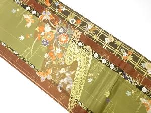 流水に蝶・花模様織り出し　袋帯